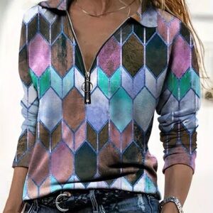 Colorful Geometric Long Sleeve Sweater Dress Quarter Zip Top Size Small